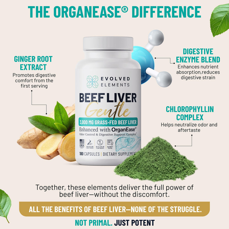 Beef Liver Capsules — Zero Nausea, Zero Burps — OrganEase: Sodium Copper Chlorophyllin + Enzymes Stop Off-Gassing — Thyroid Support: Selenium, B12, Iron, Vitamin A — 3,000mg, 180ct