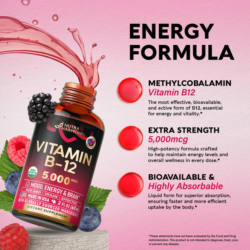 USDA Organic Vitamin B12 Sublingual Drops - Methylcobalamin 5000 mcg - 2 Oz | Vitamin B12 for Women & Men - Energy Boost, Focus & Brain Support - Bioavailable - Berry Flavor, Sugar-Free - 60-Day Supply Drops 2 fl oz