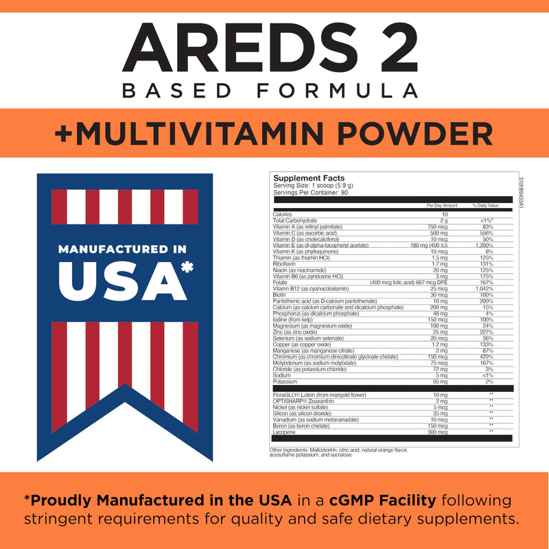 Viteyes AREDS 2 Powder + Multivitamin All-in-One, Macular Protection, Alternative to AREDS 2 chewables, No Pills, Lutein & Zeaxanthin, AREDS 2 Eye Vitamins Drink, Natural Orange Flavor, 90 Scoops