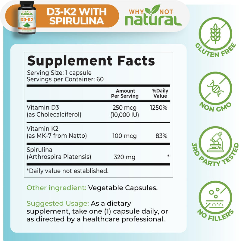 Why Not Natural Vitamin D3 K2 (MK-7) with Spirulina, 10000 IU Extra Strength Supplement in Veggie Capsules, Supports Bone Health, Immune System and Mood