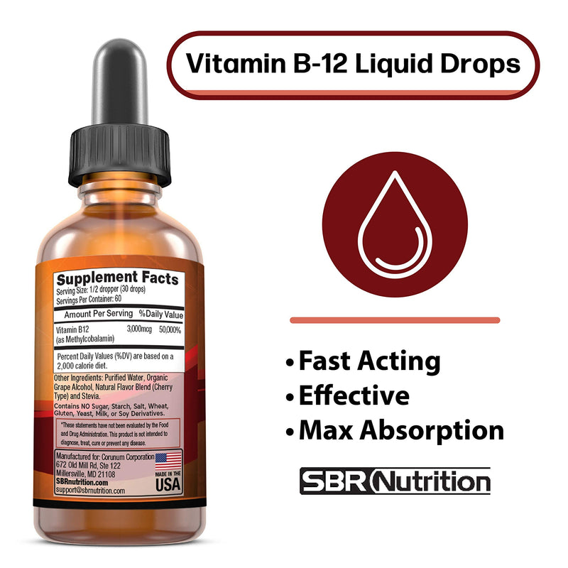 SBR Nutrition Vitamin B12 Sublingual Liquid Drops - Methylcobalamin, VIT B 12 Supports Energy, Max Absorption, 3000mcg Per Serving, 60 Servings, Non-GMO, Vegan Friendly, Manufactured in The USA Natural Cherry - 3000mcg