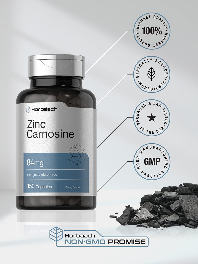 Horbäach Zinc Carnosine Supplement | 84mg per Capsule | 150 Count | Non-GMO & Gluten Free 150 Count (Pack of 1) - BeesActive Australia