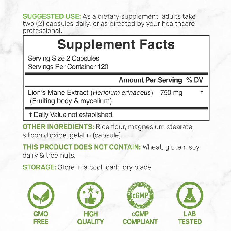 Lions Mane Mushroom Supplement, 240* Capsules – Active Fruiting Body & Mycelium Extract – Natural Brain Nootropic & Immune System Booster – Non-GMO
