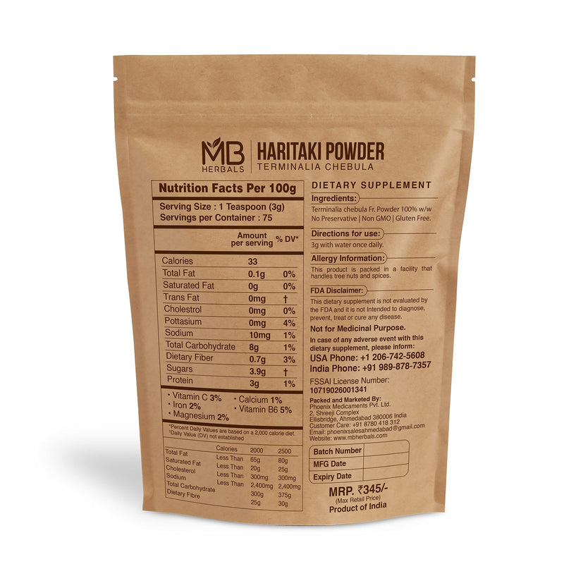 MB Herbals Haritaki Powder 8 oz / 227 Gram / 0.5 lb | Terminalia chebula Harde Chebulic Myrobalan | Natural AntiOxidant - BeesActive Australia