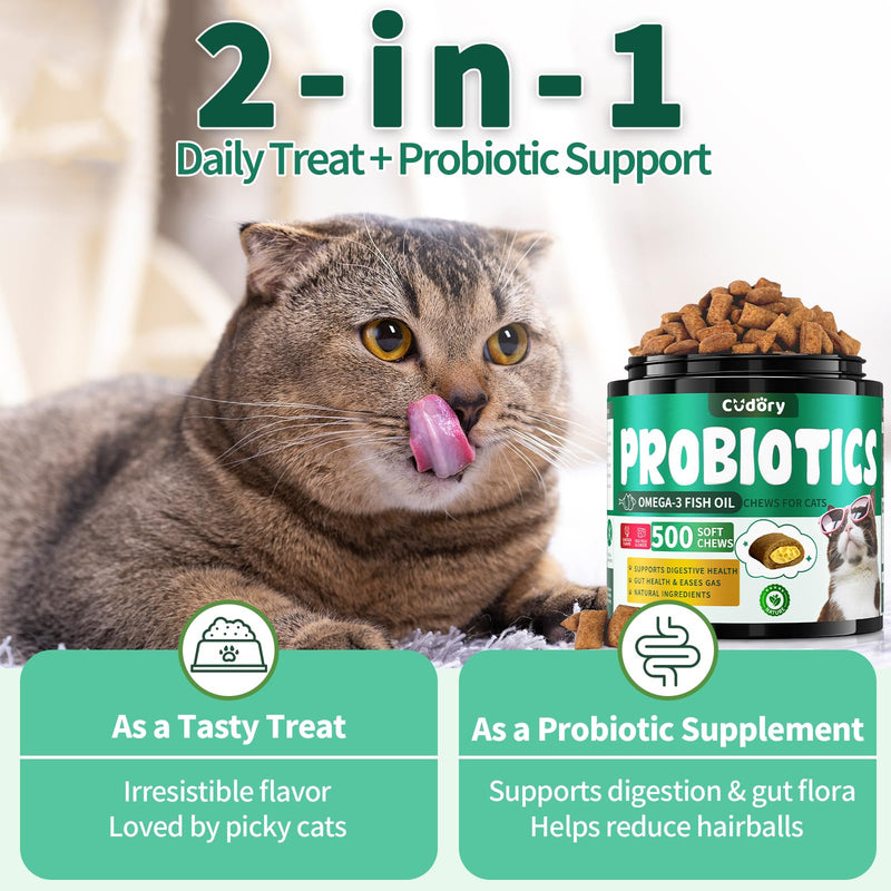 Cat Probiotics Treats for Digestive & Gut Support - 500 Crunchy & Creamy Cat Snacks - Cat Gut Health, Constipation Relief, Healthy Stool, Natural Supplement for Cats, Chicken Flavor (90-Day Supply)