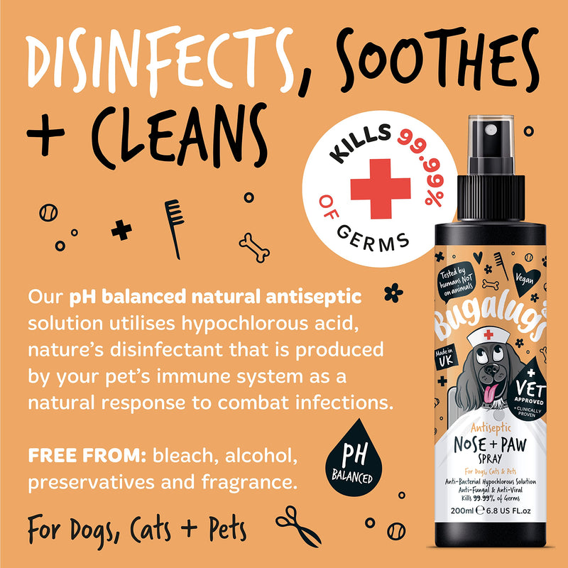 BUGALUGS Nose & Paw Dog Antiseptic spray 200ml – Antibacterial, Antifungal for Dogs, Cats & Pets -for Dry Paws, Cracked Skin use alongside our dog paw balm & dog nose balm (Antiseptic Spray 200ml)
