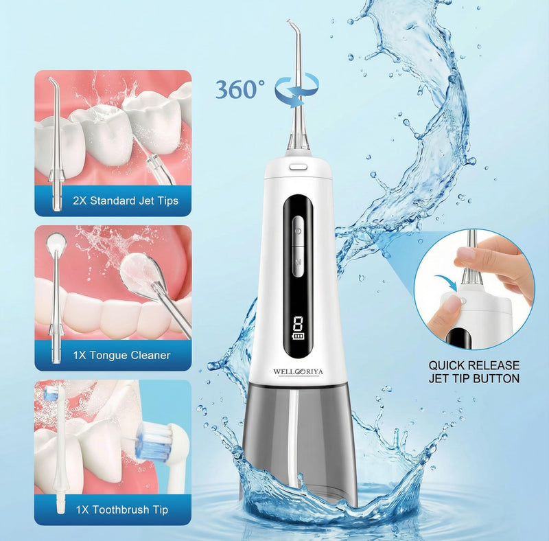 Cordless Water Dental Flosser – Power Dental Flosser for Teeth & Gums, 9 Pressure Levels, 300mL Tank, USB-C Rechargeable Oral Irrigator, IPX7 Waterproof for Braces & Travel – Wellooriya (White) White