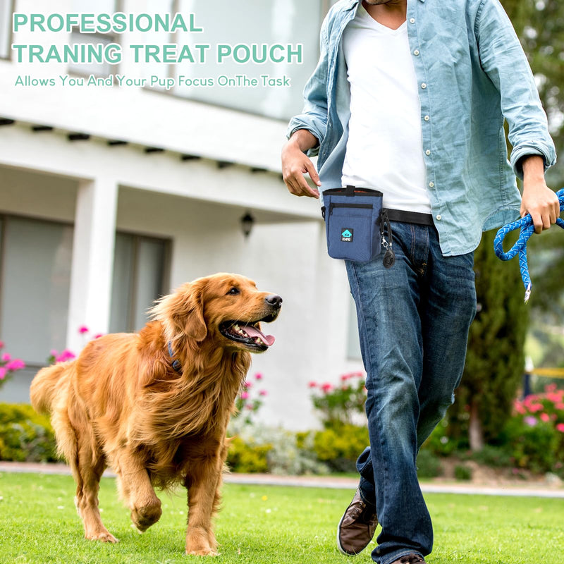 Dog Treat Pouch Magnetic Closure with Training Clicker，Hands-Free Design to Prevent Spills，Built in Poop Bag Dispenser，3 Ways To Wear，Metal Clip Waist Belt and Fanny Pack for Pet Walking（Blue） Blue - BeesActive Australia