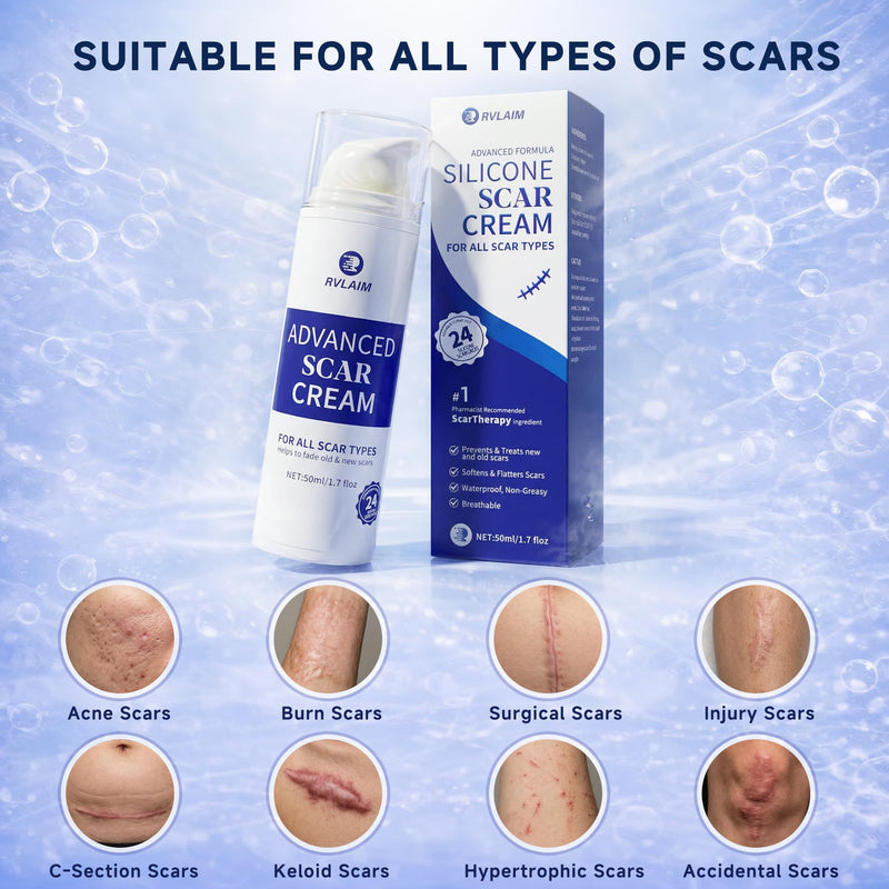 Rvlaim Silicone Scar Cream Scar Gel, Advanced Scar Removal Cream for Surgical Scars, Acne Marks, Stretch Marks, Keloids, C-Section, Burns, Old and New Scars, 1.7 fl oz