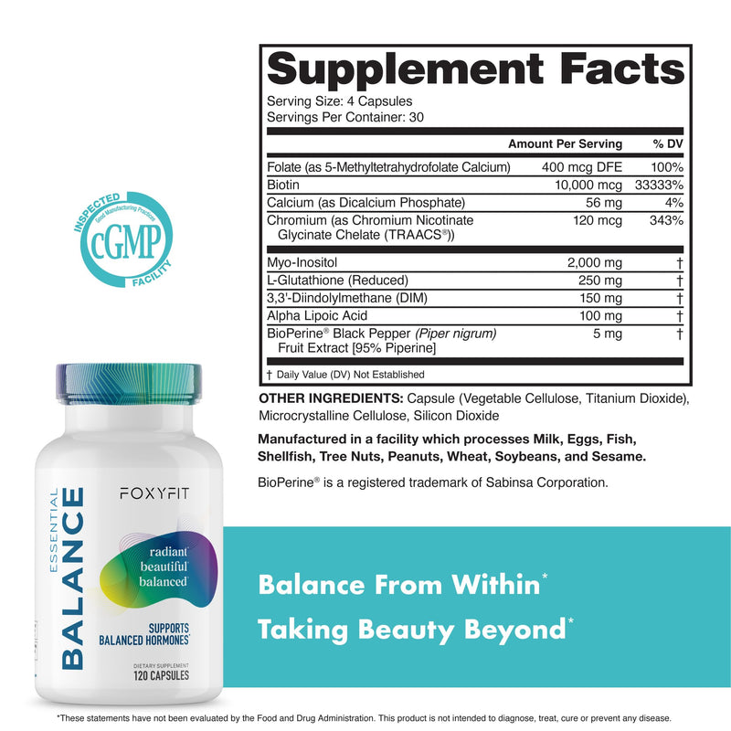 Essential Balance Hormonal Support and Vitamin Supplement for Women by Foxy Fit – Antioxidant, Healthy Skin & Hair for Daily Use* (30 Servings)