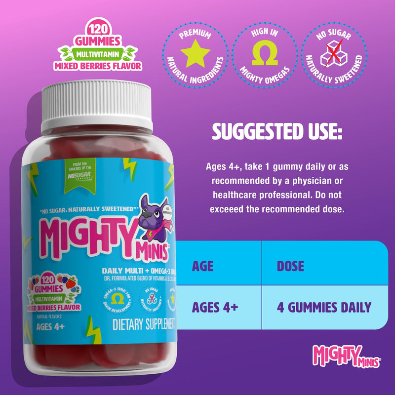 Sugar-Free Kids Multivitamin Gummies Mixed Berries, 120 Count | Tasty, Kid-Approved, Omega-3, DHA, Immunity, Growth, Focus, Mood, Healthy, Clean, Slow-Crafted, No Artificial Color or Flavor