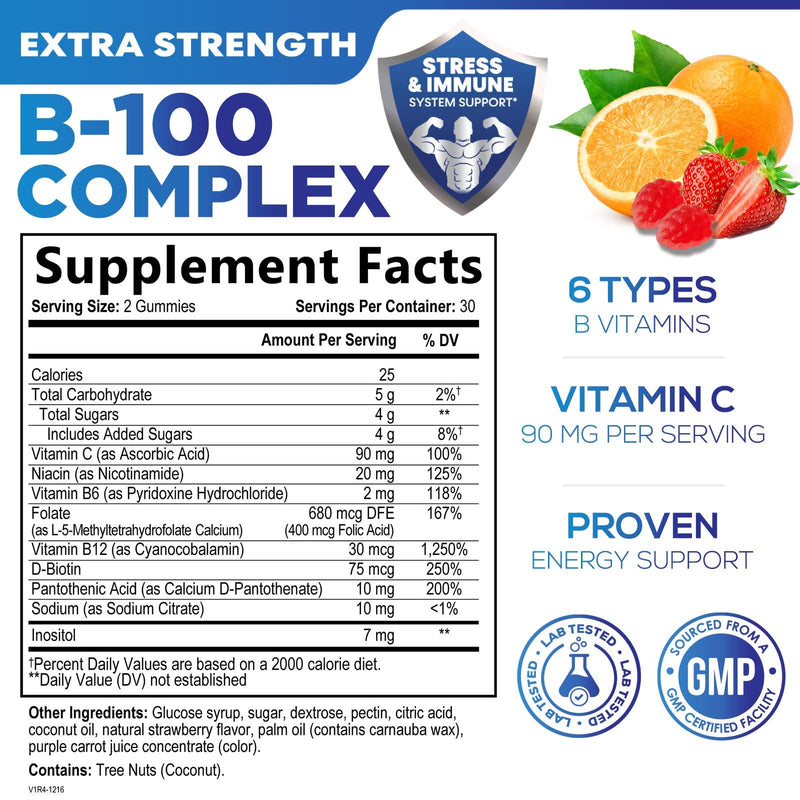 Vitamin B Complex Gummies - Extra Strength Super B Vitamin Gummy with Vitamin C, Immune Support for Men & Women - Energy and Brain Support Supplements with Folic Acid, Niacin, B6, B12 - 60 Gummies 60 Count (Pack of 1)
