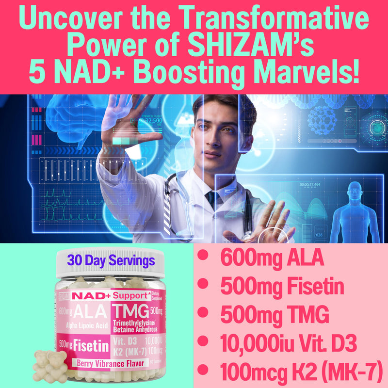 SHIZAM TMG Betaine Alpha Lipoic Acid ALA D3 Fisetin Gummies, Tri-Methylglycine trimethylglycine R-Alpha NAD+ Plus + HCL Supplements, Mitochondrial Senolytic Activator, NR Capsules Powder 600mg 1000mg