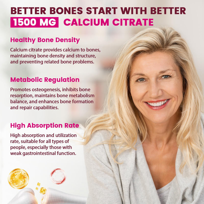 Calcium Citrate 1500 mg with Vitamin D3 K2 Gummies for Women 50 Plus, High Absorption Calcium Supplements for Bone & Teeth Support - Easy to Digest, Sugar Free, Vegan, Peach Flavor, 60 Count