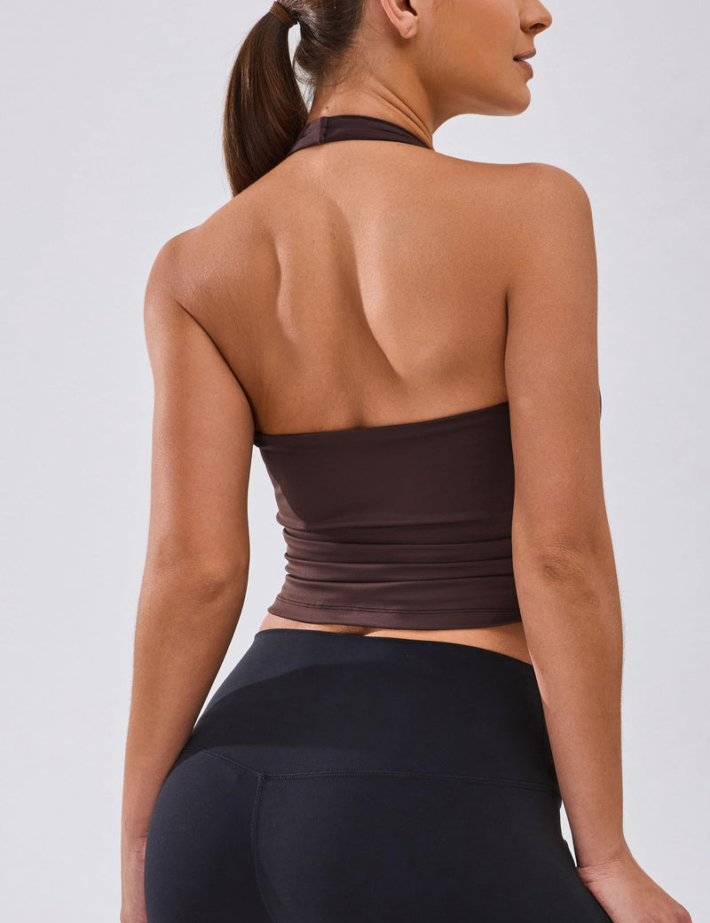 BMJL Womens Halter Built in Bra Workout Sports Tank Tops Buttery Longline Stappy Gym Crop Tops Coffee X-Large - BeesActive Australia