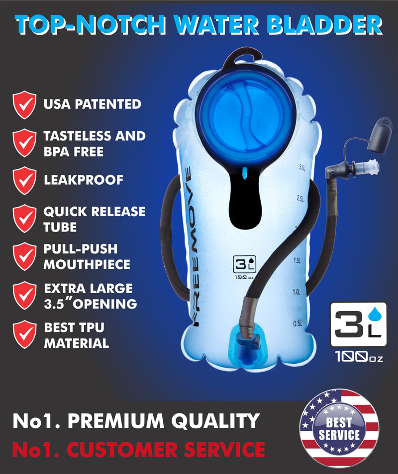 FREEMOVE Hydration Bladder 2L / 3L Water Bladder for Hiking Backpack >Blue or Green< Leak Proof Hydration Pack, Tasteless & BPA Free, TPU Water Reservoir, Quick Release Insulated Tube & Shutoff Valve 3L Bladder BLUE