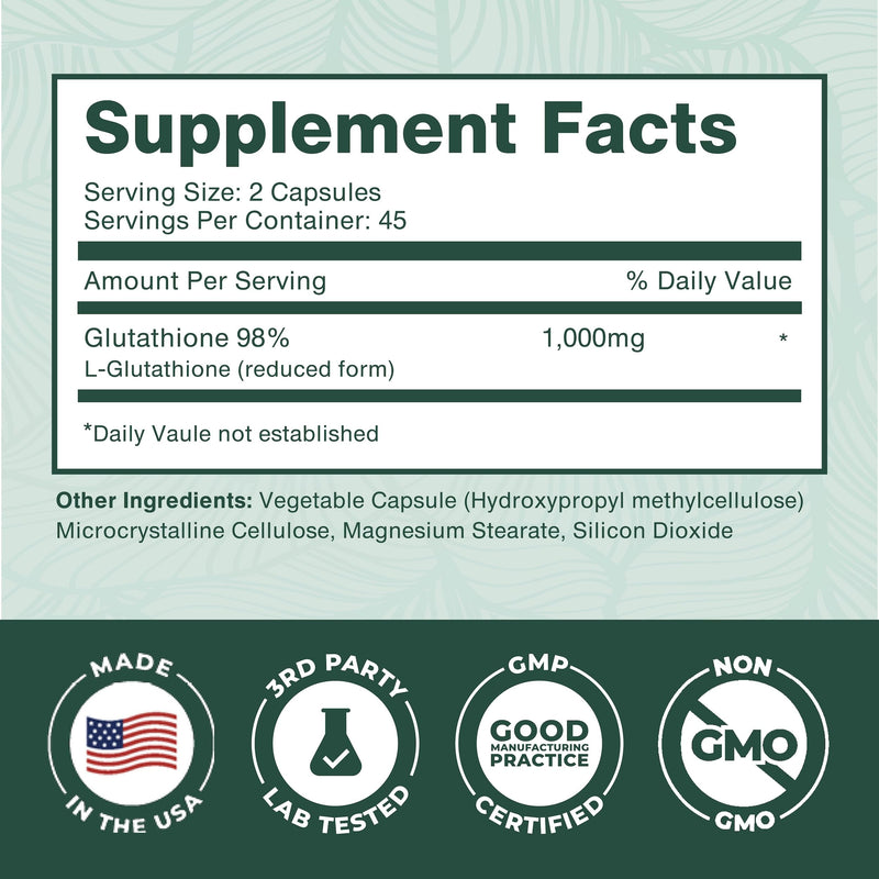 PurePremium Reduced Glutathione 1000mg Per Serving - 500mg Per Capsule ‚Äì L-Glutathione Supplement & Antioxidant Support for Normal Liver, Brain, Skin & Heart Health ‚Äì 90 Capsules - BeesActive Australia