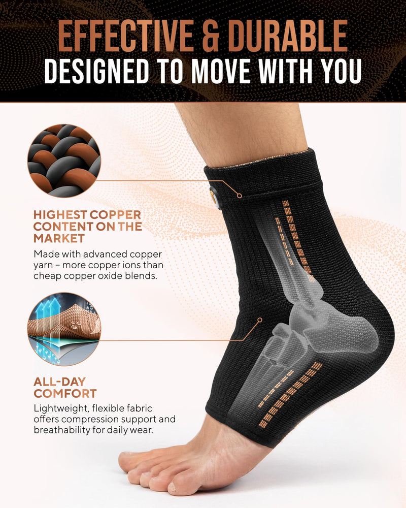 TheraCopper Copper Ankle Brace (2 Pack) — Compression Ankles Brace for Men & Women — Infused Copper Ankle Sleeve Compression Support for Pain Relief, Swelling, Sprains, Achilles Recovery & Sports (Medium) Medium
