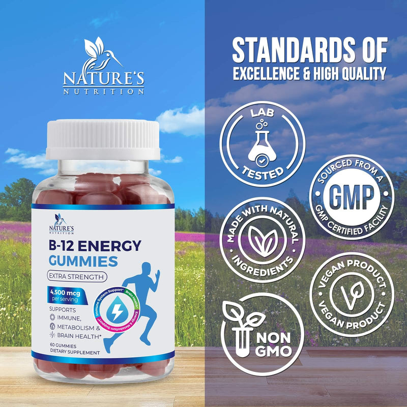 B12 Energy Gummies - 4500 mcg Vitamin B12 Per Serving - Extra Strength Chewable B12 Supplement for Energy, Metabolism & Immune Support - For Women, Men & Kids - Natural & Berry Flavored - 60 Gummies 60 Count (Pack of 1)
