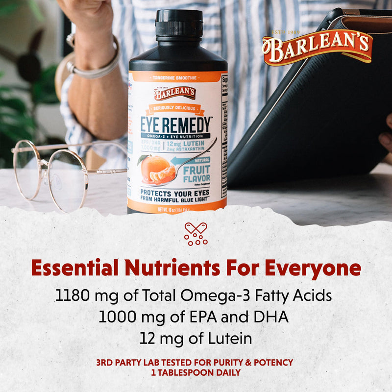 Barlean's Tangerine Omega-3 Eye Remedy Fish Oil, 1000mg EPA & DHA, 16oz | Lutein, zeaxanthin, astaxanthin, eye and vision support, EPA DHA omega-3, tangerine smoothie, blue light, non-GMO Eye Remedy - Tangerine Smoothie 16 Fl Oz (Pack of 1)
