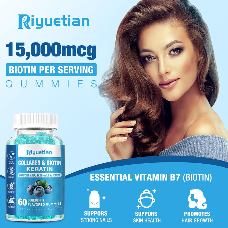 Biotin Gummies 15000mcg with Collagen for Adults Women & Men - Hair, Skin & Nails Gummies with Biotin - Collagen for Woman - Vegan, Non-GMO, Hair Vitamins - 60 Count, 1 Pack