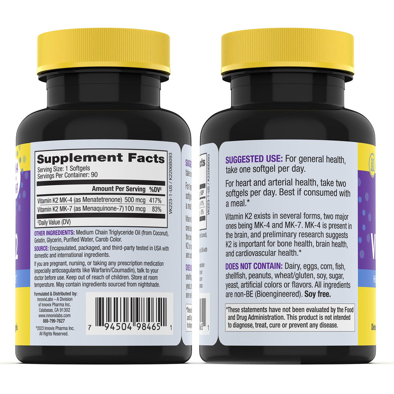 InnovixLabs Full Spectrum Vitamin K2 MK-7-90 Capsules - Vit K2 Vitamin Supplement with Trans Form MK7 & MK4-600 mcg - Supports General Health & Bones, K-2 Vitamins - Soy & Gluten Free - BeesActive Australia