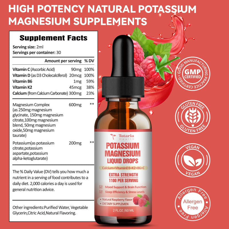 Potassium Magnesium Supplement Liquid Drops - High Absorption Potassium Supplement with Magnesium, Calcium, Vitamin D3 K2, Vegan, Non-GMO Potasio Support Leg Cramps, Bone, Muscle - 2 Fl oz 2 Fl Oz (Pack of 1)