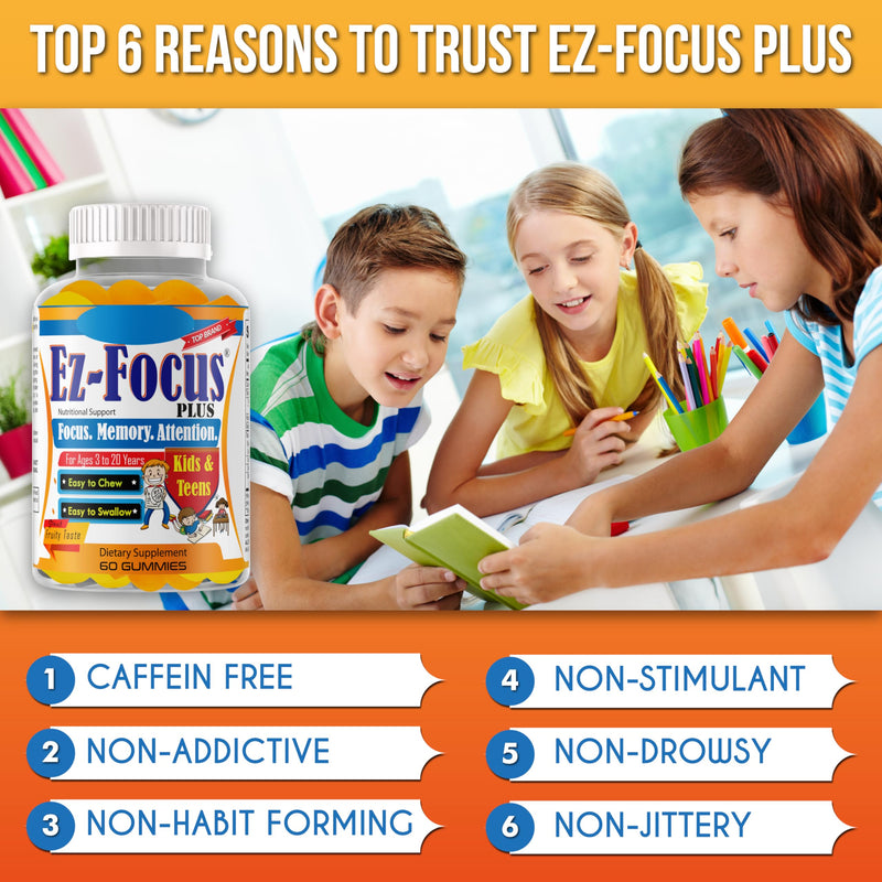 Plus Brain Booster Omega 3 Kids Focus and Attention Supplements for Cognitive Health, Support Memory, Mental Clarity, Concentration for Children and Teens - Fruity Flavor Vitamins 60 Count