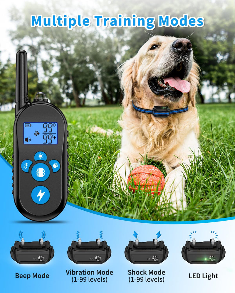 Dog Shock Collar, 2500FT Dog Training Collar with Remote for 20-110lbs Medium Large Dogs, IPX7 Waterproof Rechargeable Electric Collar with 4 Training Modes, Beep, Light, Vibration and Shock (Blue) - BeesActive Australia