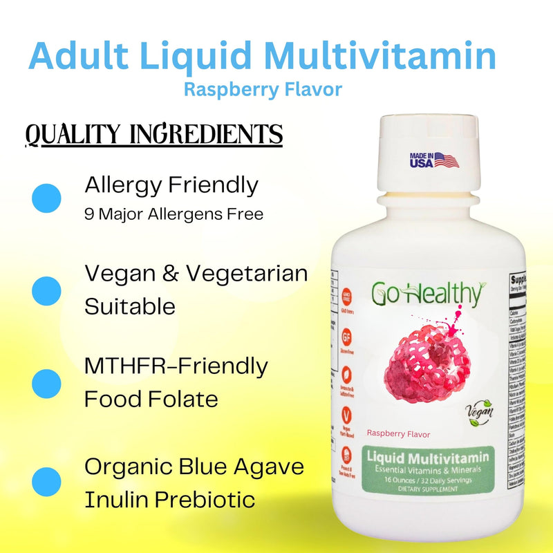 Go Healthy Liquid Vitamins for Women, Men, Teens | Vegan Vitamin & Mineral | High Absorption | Premium Liquid Multivitamin | Immune Support | Raspberry - 32 Servings 16 Fl Oz (Pack of 1)