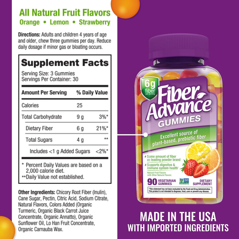Fiber Advance Gummies | 100% Plant Based Fiber Supplement for Digestive Health | Chicory Root Inulin Prebiotic Gummies for Adults | Gluten Free, Vegetarian, & Non-GMO, 90 Count 1 Count (Pack of 1)