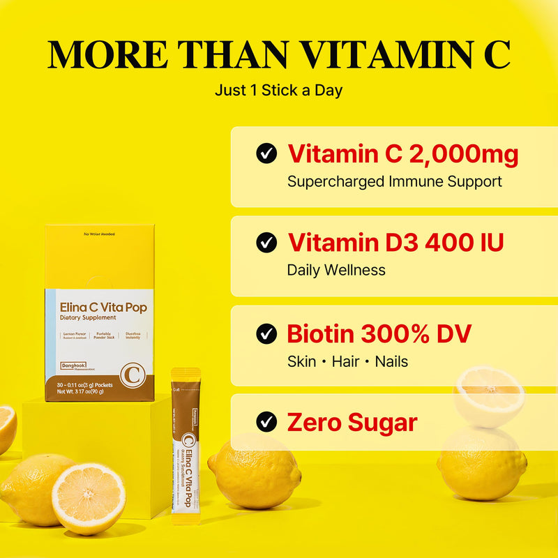 DONGKOOK Vita Pop Korean Vitamin C 2,000mg Powder Zero Sugar Vitamin D & Biotin Stick, Lemon Energy Drink Power Mix, Vitamin C Supplements, Immune Support, Antioxidant, Korean Supplements 100 Packets 0.11 Ounce (Pack of 100)