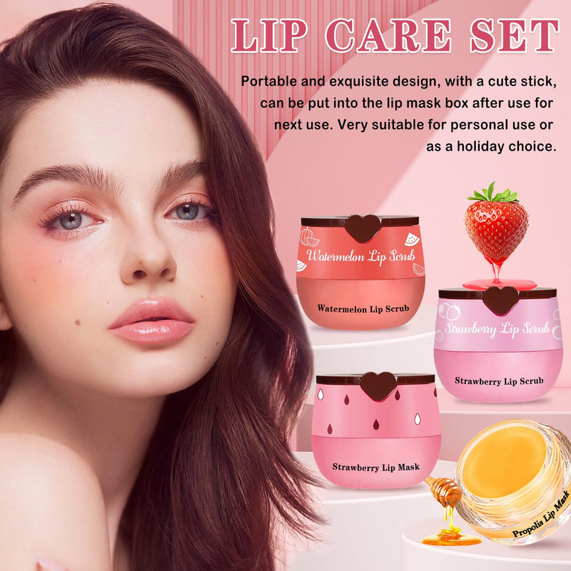 4PCS Lip Scrub and Mask Set,Strawberry and Honey Pot Lip Balm,Reduces Lip Lines Lip Exfoliator Scrub and Moisturizer,Repair Beebalm Lip Balm and Lip Scrub Set,Lip Mask Overnight