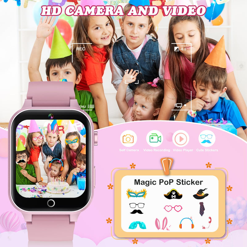 Kids Smart Watch with Camera, Video, Music Player, Alarm Clock, Stopwatch, Calendar, Pedometer, 1.54'' HD Touchscreen, Shockproof, IP68 Waterproof for Girls Boys 6-12 Years Old (Pink) Pink