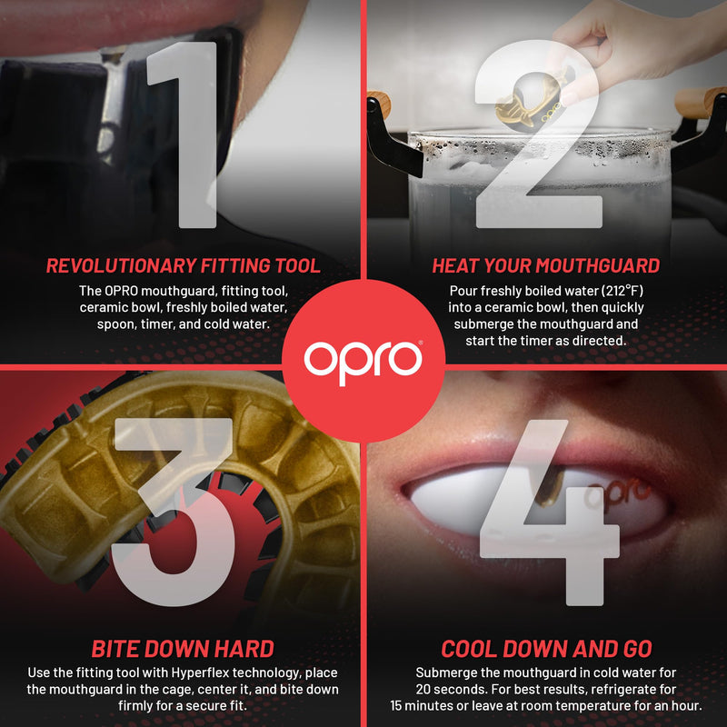 OPRO Gold Level Mouth Guard - Moldable Mouthguard with Premium Comfort Fit, and Multi-Layer Protection for Boxing, MMA, Rugby, Hockey, and Football Mouthpiece – Includes Case (White/Gold, Adult) White/Gold Adult (Age 10+)
