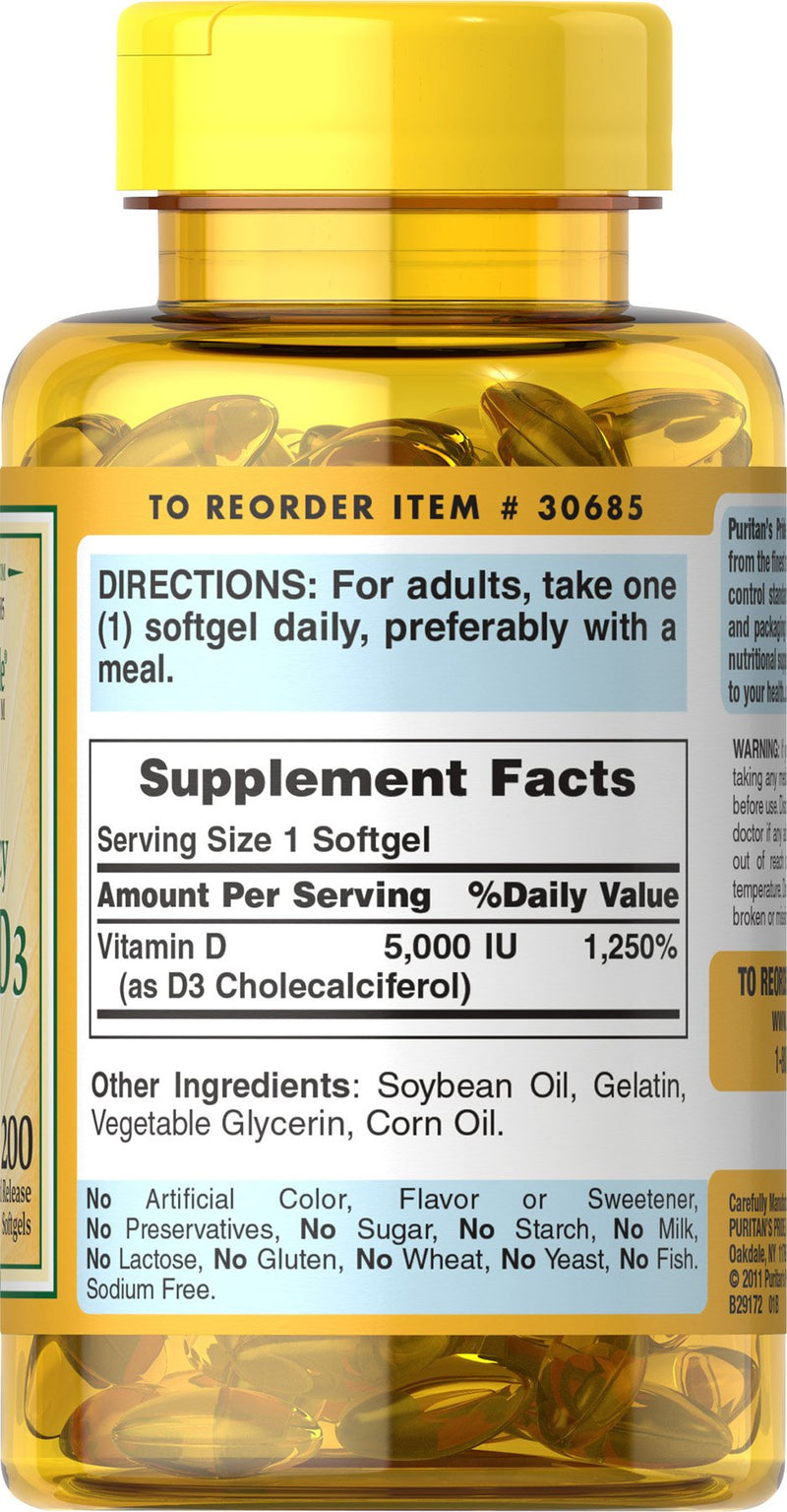 Puritan's Pride Vitamin D3 5,000 IU Bolsters Immunity for Immune System Support and Healthy Bones and Teeth Softgels, Packaging May Vary, Unflavored, 200 Count 200 Count (Pack of 1) - BeesActive Australia