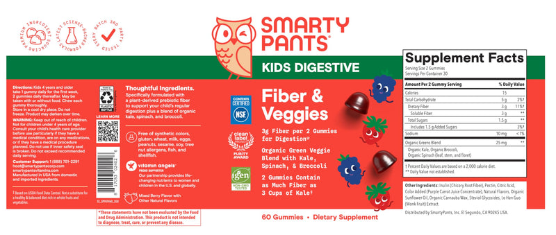 SmartyPants Kids Fiber & Veggies: Prebiotic Fiber Gummies for Kids, Fiber Supplement with Inulin, Organic Green Veggie Blend, Vegan, Gluten Free, Mixed Berry Flavor, 60 Count (30 Day Supply) Fiber + Veggies 60 Count (Pack of 1) - BeesActive Australia
