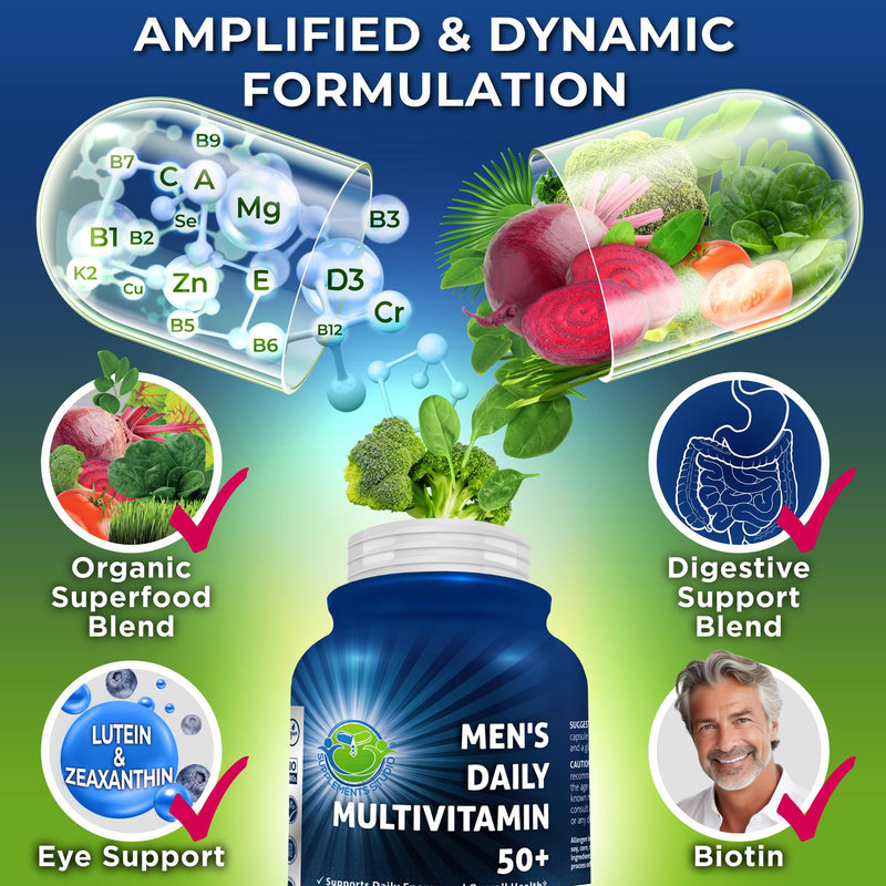 Vegan Methylated Multivitamin for Men 50 and Over - Saw Palmetto & Lutein | Men's Daily Multivitamin 50 Plus - Eye, Energy & Digestive Support, Organic Superfoods, Biotin, Easy-to-Swallow Capsules 60 Count (Pack of 1) Men's 50+ Multivitamin