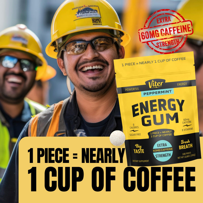 Viter Energy 60mg Caffeine Gum (Peppermint Flavor, 180 Pieces) - Sugar Free, Vitamin B3, B6, B9, B12, Zero Calories, Caffeinated Energy Chews, Nootropic Focus Supplement for Men & Women Peppermint 180 Count (Pack of 1)