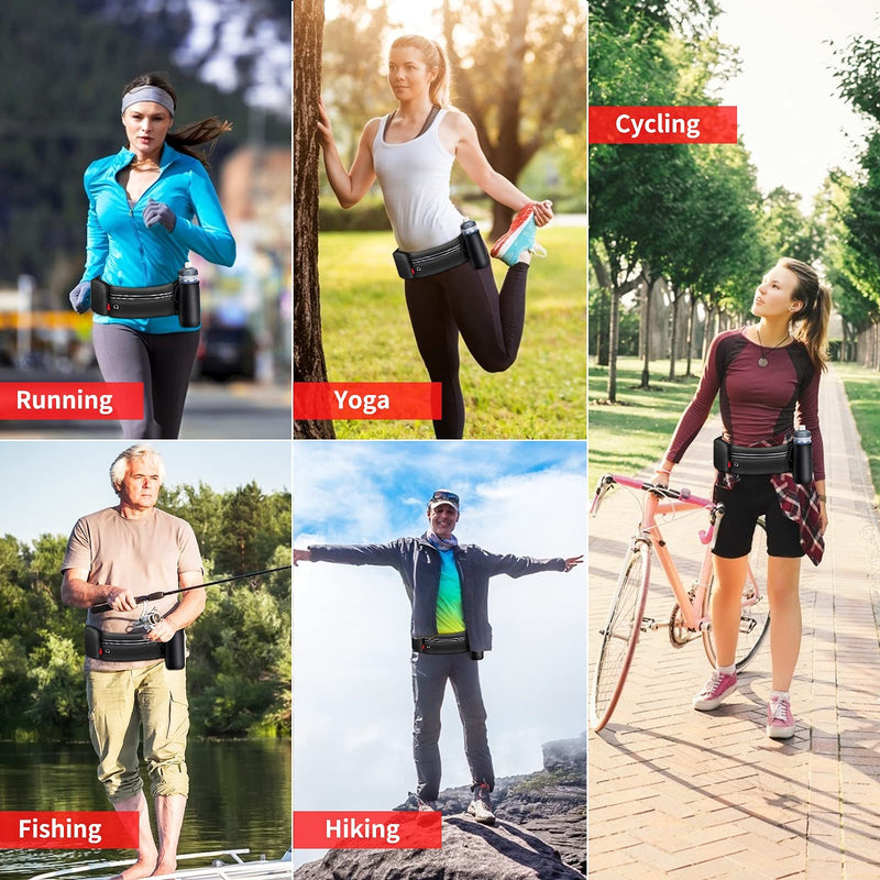 Hydration Running Belt for Women Men Running Fanny Pack with Foldable Water Bottle Holder (Bottles NOT Included) for Walking No Bounce Adjustable Waist Pouch for Runners Jogging black