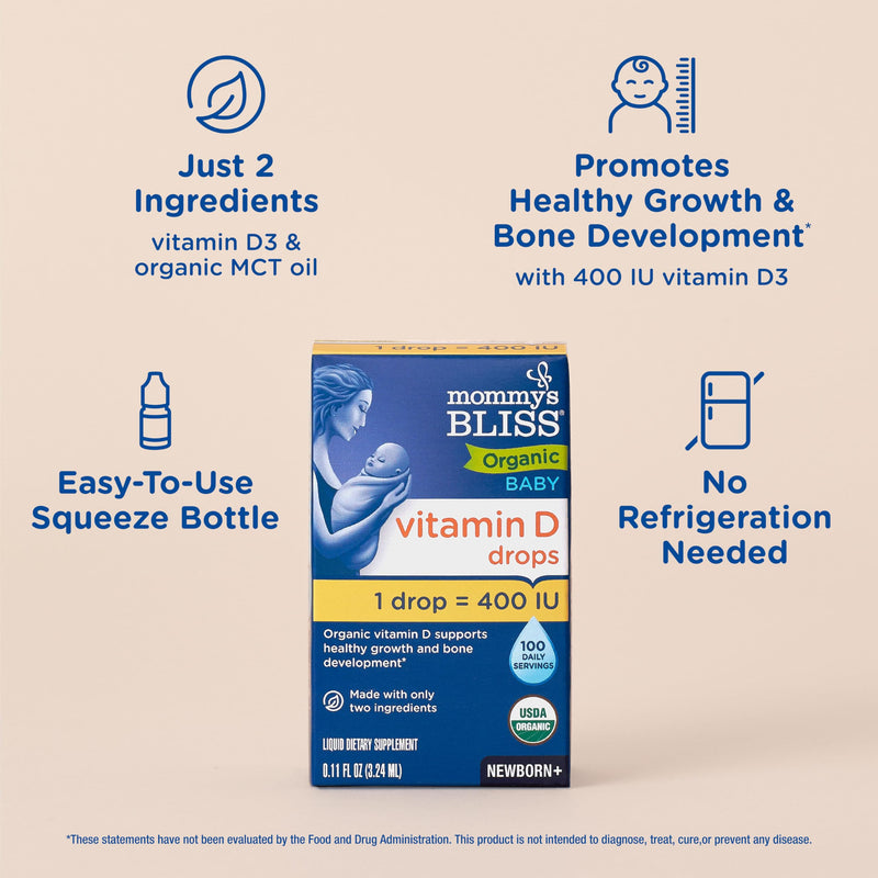 Mommy's Bliss Organic Baby Vitamin D Drops, 0.11 Fl Oz, Pack of 2 | Infant Vitamin D3 Drops Promote Healthy Growth and Bone Development | Newborn+ Unflavored 0.11 Fl Oz (Pack of 2)