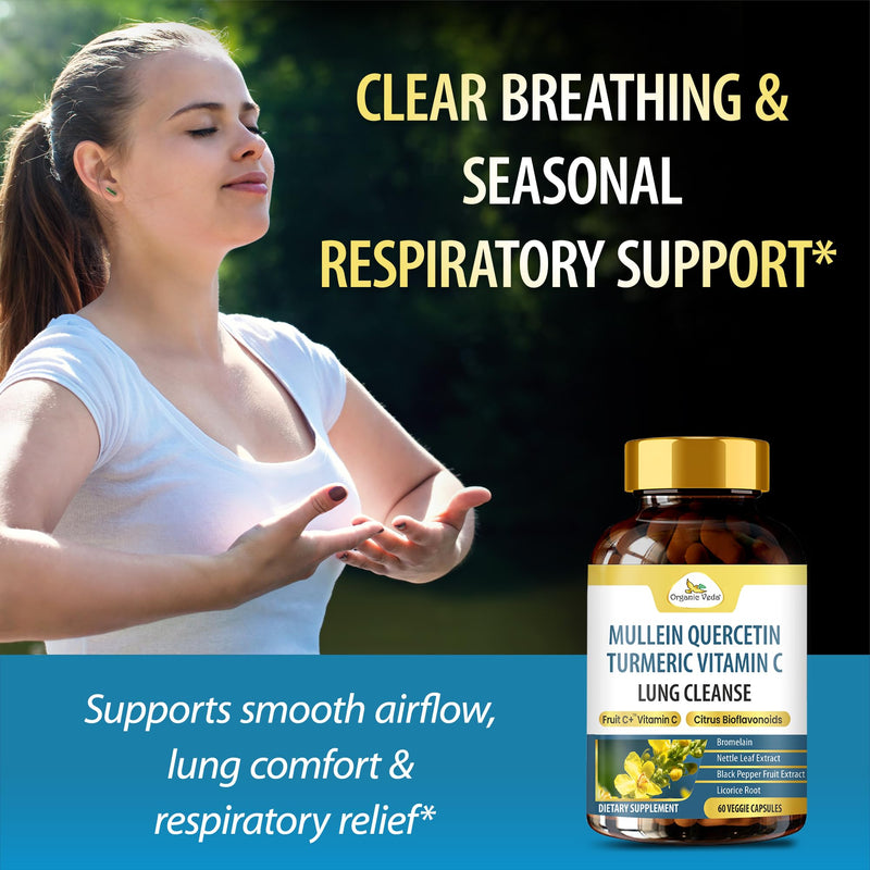 Organic Veda Mullein Quercetin Turmeric Lung Cleanse Capsules – 13 in 1 Herbal Lung Health Supplement with Bromelain, Ginger, Vitamin C – Respiratory Immune, Lung Detox for Smokers (60 Capsules) 60 Count (Pack of 1)
