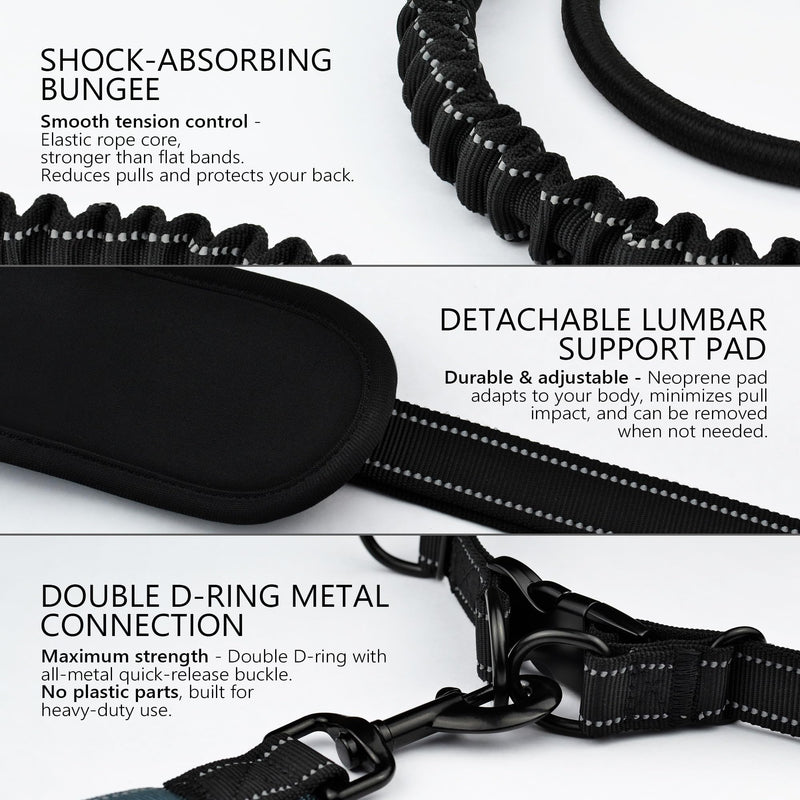 Waist Leash for Dog Walking, Waist Dog Leash for Running, Hands Free with Metal Quick-Release Buckle, Rope Bungee, Neoprene Lumbar Support Black / Iron Grey - BeesActive Australia