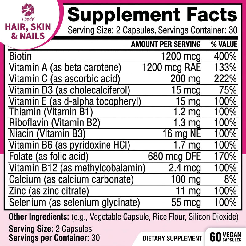 1 Body Hair Skin & Nails with Biotin, Vegan Vitamins, 3 Pack | Support Your Natural Glow. Designed to promote healthy hair, skin, and nails every day.* 60 Count (Pack of 3)
