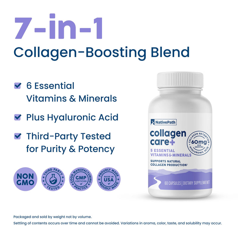 NativePath Collagen Care+, 5 Vitamin Blend with Hyaluronic Acid and Boron that Supports Collagen for Men and Women, 60 Capsules (Pack of 2) 60 Count (Pack of 2)