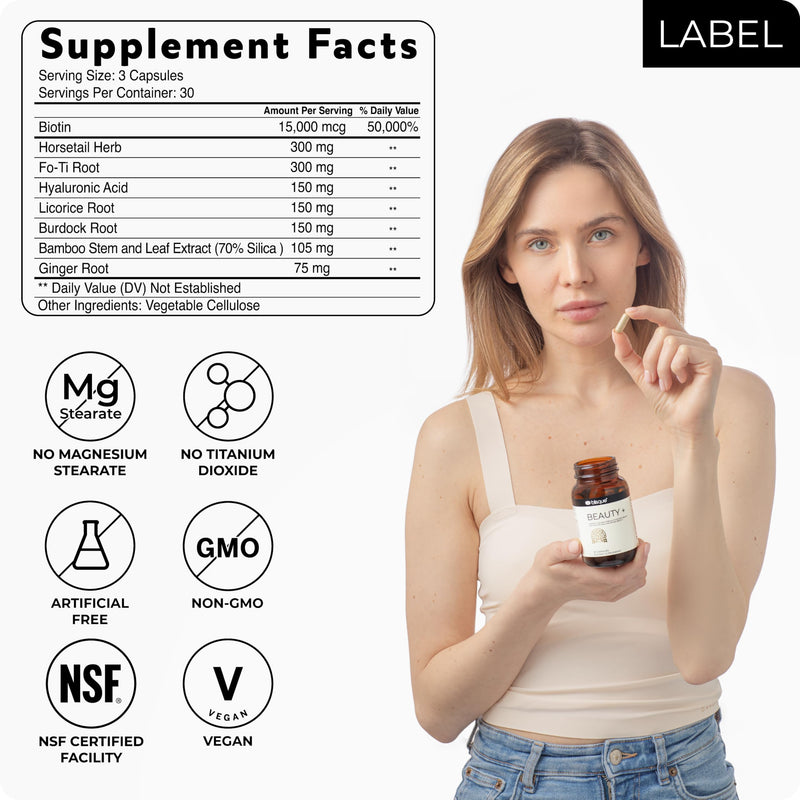 Blisque - Natural Beauty Supplement for Nail Strength, Hair Growth, and Skin Care | with Biotin & Hyaluronic Acid | Doctor Approved | Vegan and Non-GMO | 90 Capsules