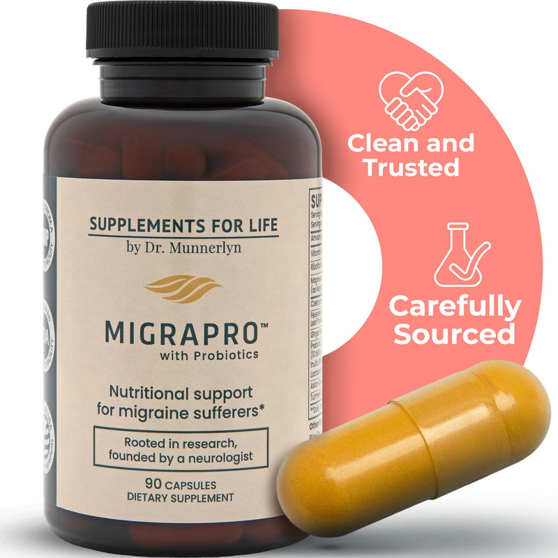 Dr. Munnerlyn's MigraPro with Probiotics, Brain and Gut Health, 90 Capsules | Contains Magnesium, Riboflavin, CoQ10, Ginger Root, Asian Ginseng, Vitamin C, Feverfew & Turmeric, Gluten Free, 30 Day Supply