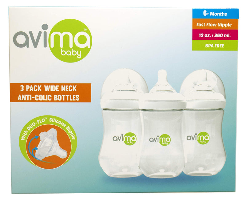 Avima 12 oz Anti Colic Infant Bottles, BPA Free, Wide Neck with Fast Flow Nipples (Set of 3) 12 Ounce - 3 Pack - BeesActive Australia