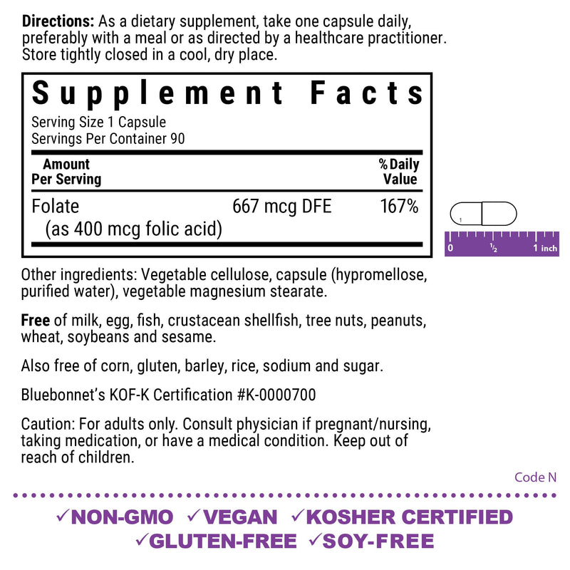 Bluebonnet Nutrition Folic Acid 400 mcg, Prenatal & Postnatal Health*, Non-GMO, Vegan, Kosher Certified, Gluten-Free, Soy-Free, Dairy-Free, 90 Vegetable Capsules, 90 Servings | Prenatal & Postnatal Health; Non-GMO, Vegan, Kosher Certified, Gluten-Free,...
