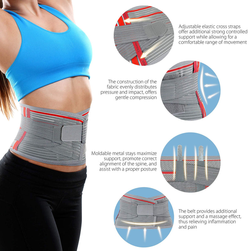 ORTONYX Back Brace With Lumbar Support Pad - Medical Grade Lumbosacral Belt for Men and Women - with Lumbar Pad, Lower Back Pain Relief, Herniated Disc, Sciatica, Degenerative Disc Disease XL/XXL (39.7"-47.6") Gray/Red